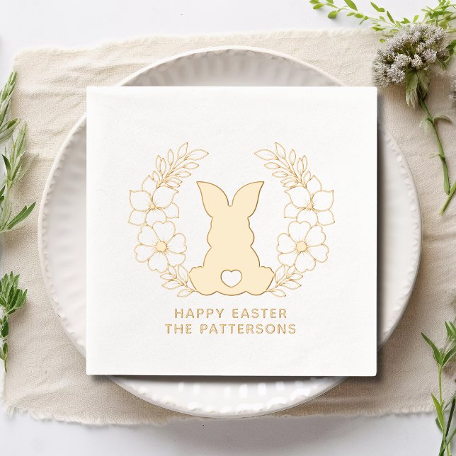 Cute Easter Bunny Floral Wreath Personalised Name Foil Napkins (Creator Uploaded)