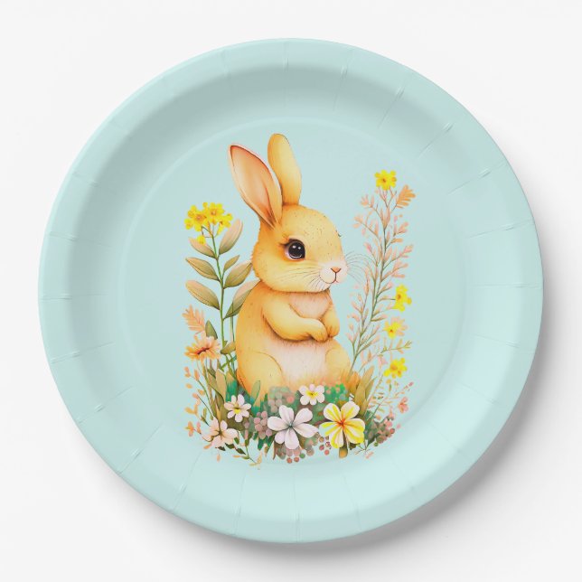 Cute Easter Bunny & Flowers on Light Blue Paper Plate (Front)
