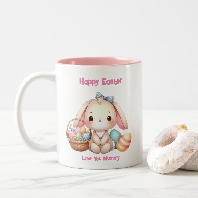 Cute Easter Bunny Girly Pink Customisable Two-Tone Coffee Mug (With Donut)
