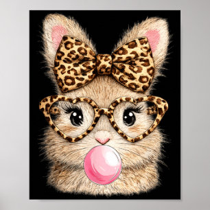 Cute Easter Bunny Glasses Leopard Coquette Bow Poster