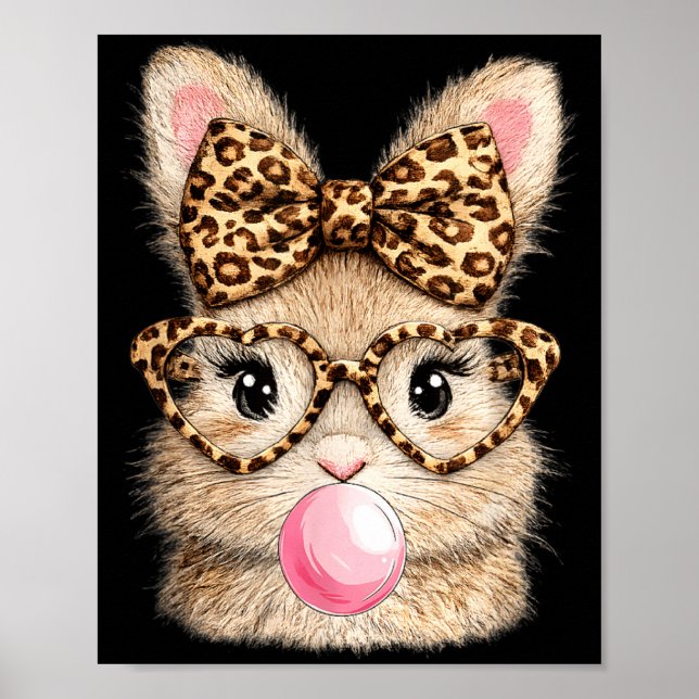 Cute Easter Bunny Glasses Leopard Coquette Bow Poster (Front)