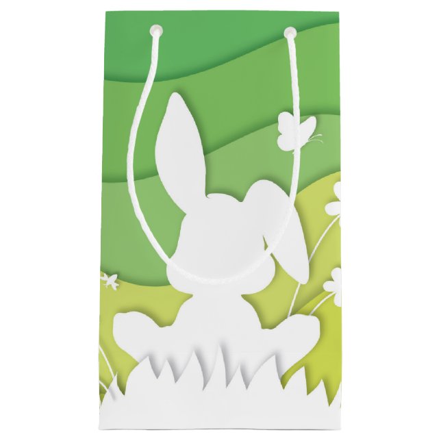 Cute easter bunny, green grass spring papercut small gift bag (Front)