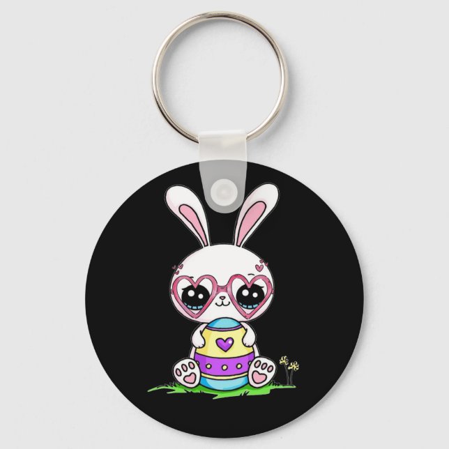 Cute Easter Bunny Heart Glasses Pajama Key Ring (Front)