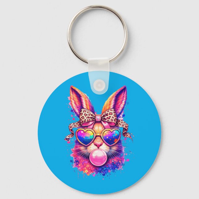 Cute Easter Bunny Heart Sungles Leopard Bow Bubble Key Ring (Front)
