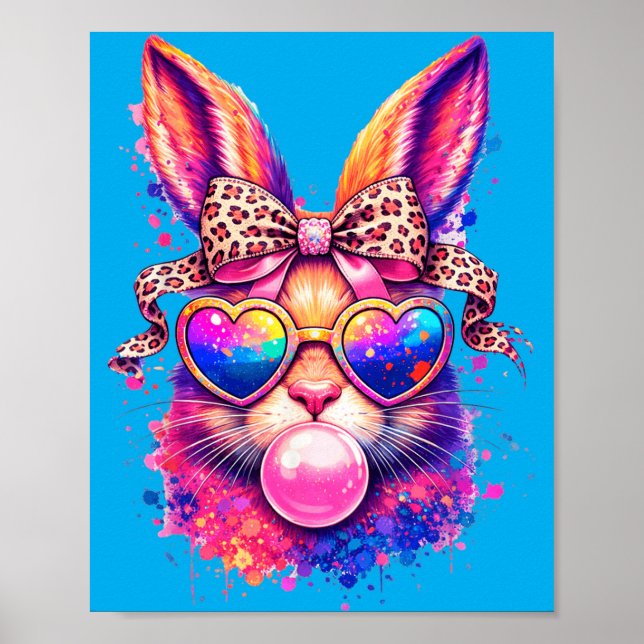 Cute Easter Bunny Heart Sungles Leopard Bow Bubble Poster (Front)