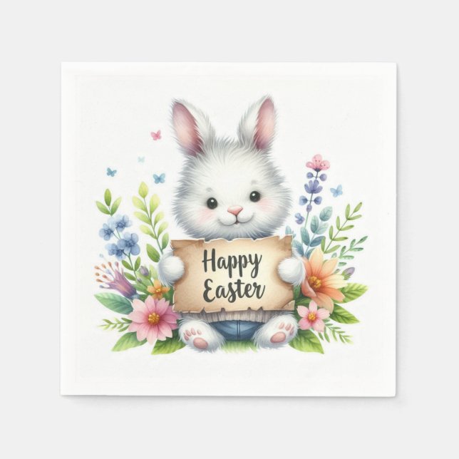 Cute Easter Bunny Holding an Easter Sign  Napkin (Front)