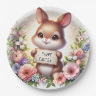 Cute Easter Bunny Holding an Easter Sign  Paper Plate