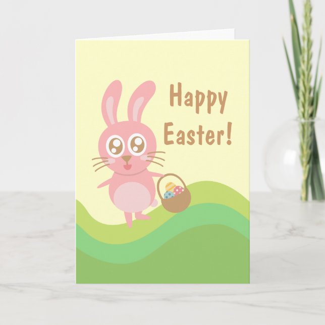Cute Easter Bunny holding basket of eggs Holiday Card (Front)