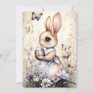 Cute Easter Bunny Holding Egg in Wildflowers Holiday Card