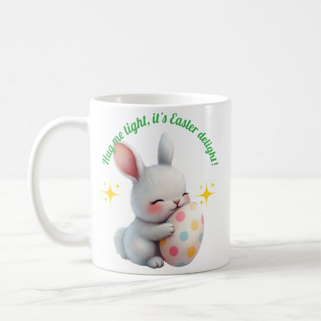 Cute Easter Bunny Hugging Colourful Egg Coffee Mug (Left)