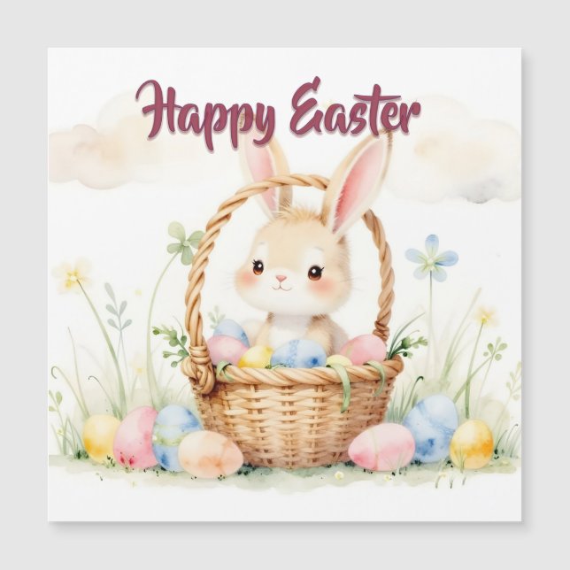 Cute Easter Bunny in Basket with Colourful Eggs (Front)