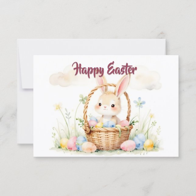 Cute Easter Bunny in Basket with Colourful Eggs (Front)