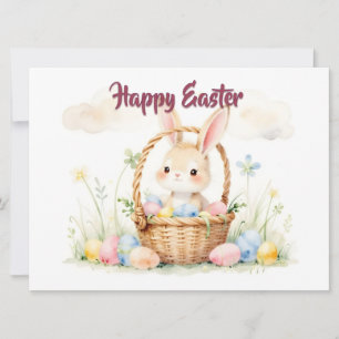 Cute Easter Bunny in Basket with Colourful Eggs