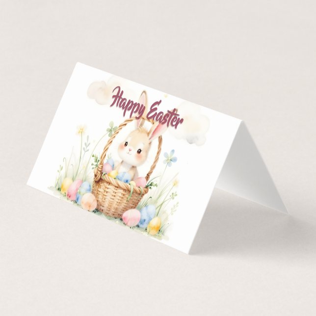 Cute Easter Bunny in Basket with Colourful Eggs (Front)