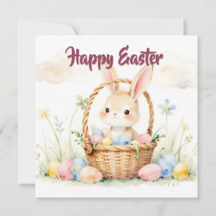 Cute Easter Bunny in Basket with Colourful Eggs Card