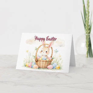 Cute Easter Bunny in Basket with Colourful Eggs Card