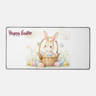 Cute Easter Bunny in Basket with Colourful Eggs Desk Mat