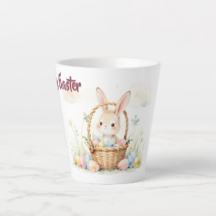Cute Easter Bunny in Basket with Colourful Eggs Latte Mug