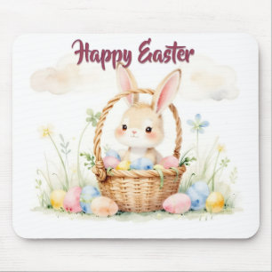 Cute Easter Bunny in Basket with Colourful Eggs Mouse Pad