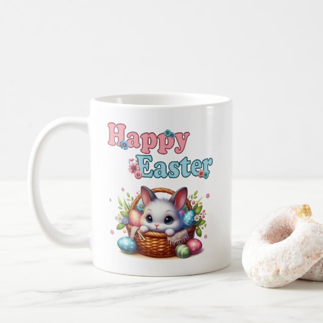 Cute Easter Bunny in Basket with Eggs and Flowers Coffee Mug (With Donut)