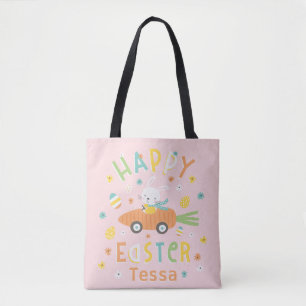 Cute Easter bunny in carrot car pink Tote Bag