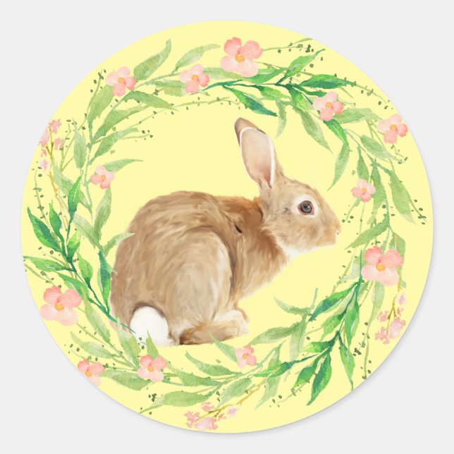 Cute Easter Bunny in Floral Wreath Classic Round Sticker (Front)