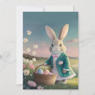 Cute Easter bunny in little blue jacket Holiday Card