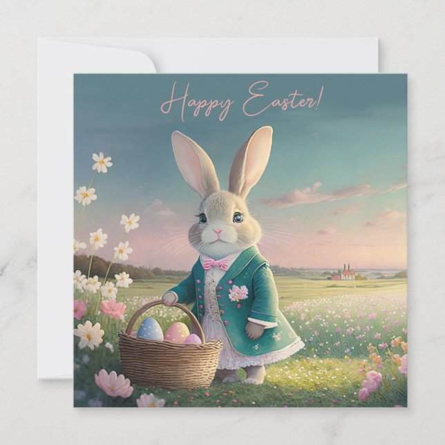 Cute Easter bunny in little blue jacket Holiday Card (Front)