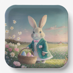 Cute Easter bunny in little blue jacket Paper Plate