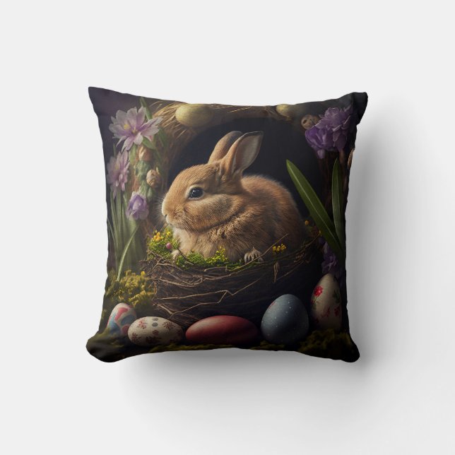 Cute Easter Bunny in nest and eggs around Cushion (Front)