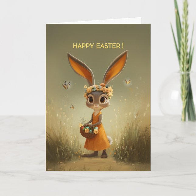 Cute Easter Bunny in Orange Dress w/ Basket Card (Front)