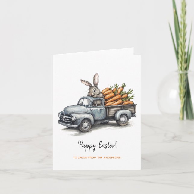 Cute Easter bunny in rustic vintage truck  Card (Front)