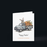 Cute Easter bunny in rustic vintage truck  Card<br><div class="desc">Cute Easter bunny in rustic vintage truck greeting card. Rustic watercolors and lineart style cute bunny rabbit driving a retro vintage truck full of carrots. Personalised text with a lovely trendy script.</div>