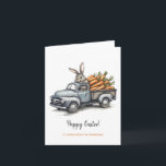 Cute Easter bunny in rustic vintage truck  Card<br><div class="desc">Cute Easter bunny in rustic vintage truck greeting card. Rustic watercolors and lineart style cute bunny rabbit driving a retro vintage truck full of carrots. Personalised text with a lovely trendy script.</div>