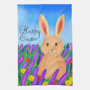 Cute Easter bunny in the flowers custom text Tea Towel