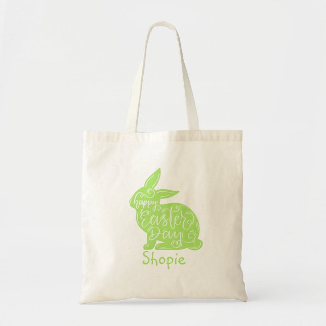 Cute Easter Bunny Kids Green Name Tote Bag (Front)