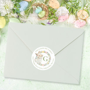 Cute Easter Bunny Monogram Watercolor Floral Classic Round Sticker