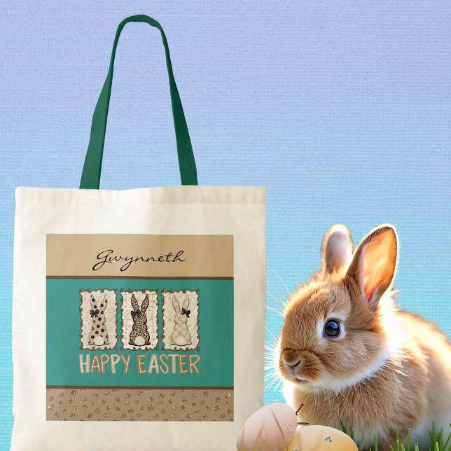 Cute Easter Bunny n Animal Print Brown Bows Teal Tote Bag (Creator Uploaded)
