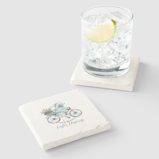 Cute Easter Bunny on a Bike Stone Coaster (Side)