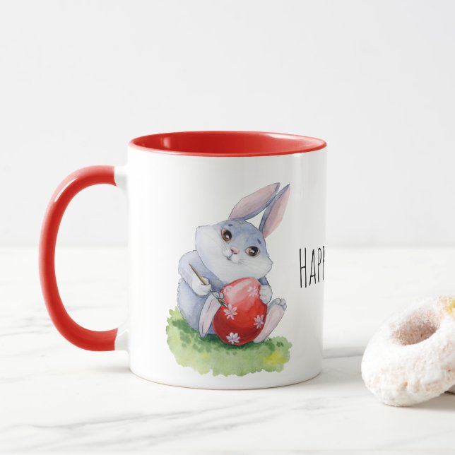 Cute Easter Bunny Painting Egg Mug (With Donut)