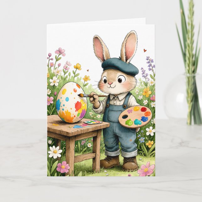 Cute Easter Bunny Painting Egg Whimsical Easter Card (Front)