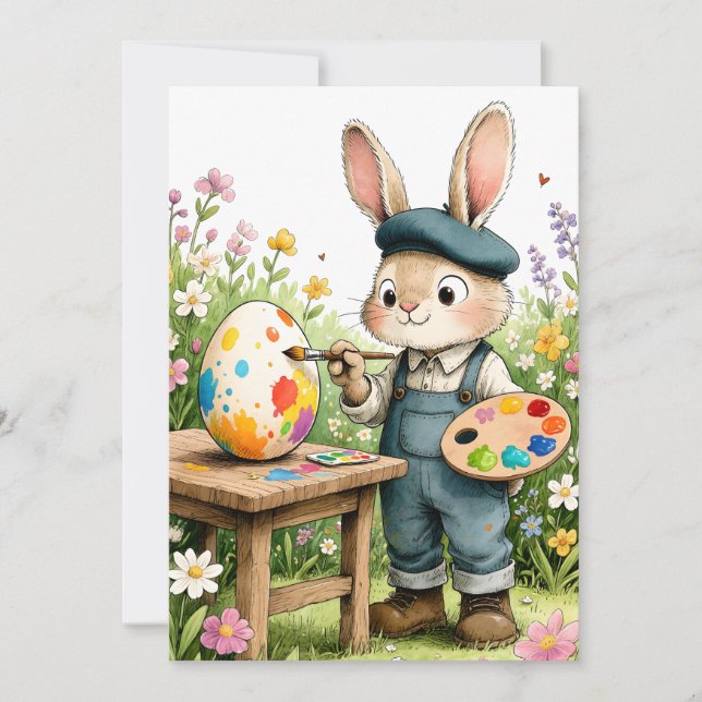 Cute Easter Bunny Painting Egg Whimsical Flat Card (Front)