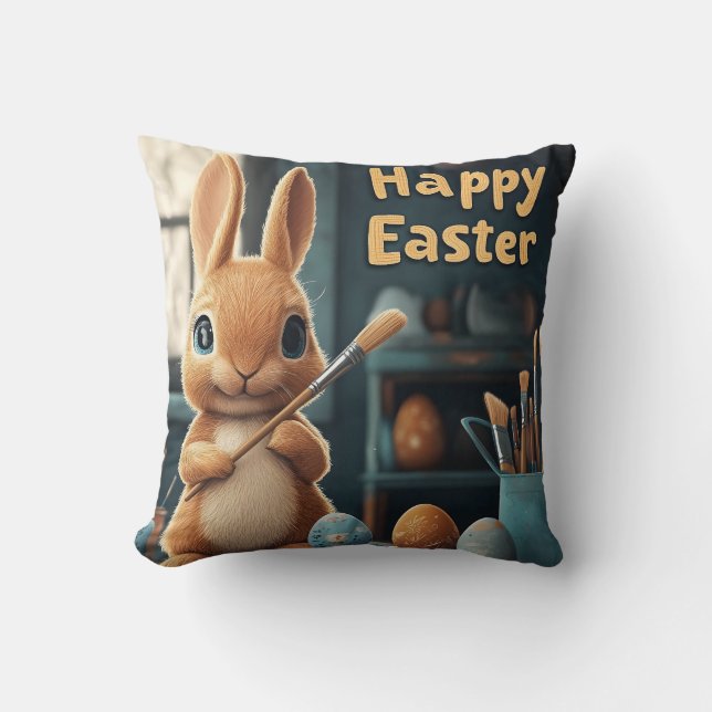 Cute Easter Bunny Painting Eggs: Springtime Art Cushion (Front)