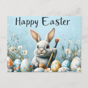 Cute Easter Bunny Painting Eggs: Springtime Art Postcard