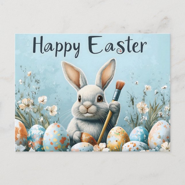 Cute Easter Bunny Painting Eggs: Springtime Art Postcard (Front)