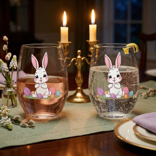 Cute Easter Bunny & Pastel Easter Eggs Stemless Wine Glass
