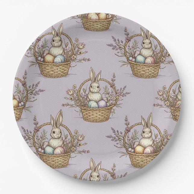 Cute Easter Bunny Pastel Spring Pattern Paper Plate (Front)