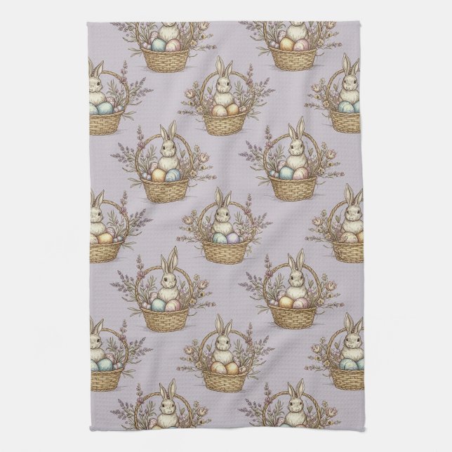 Cute Easter Bunny Pastel Spring Pattern Tea Towel (Vertical)