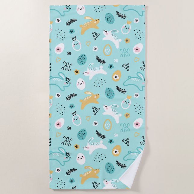 Cute Easter Bunny Pattern Kawaii Rabbits Eggs  Beach Towel (Front)