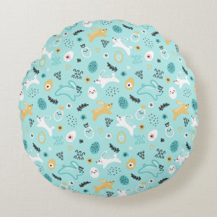 Cute Easter Bunny Pattern Kawaii Rabbits Eggs  Round Cushion